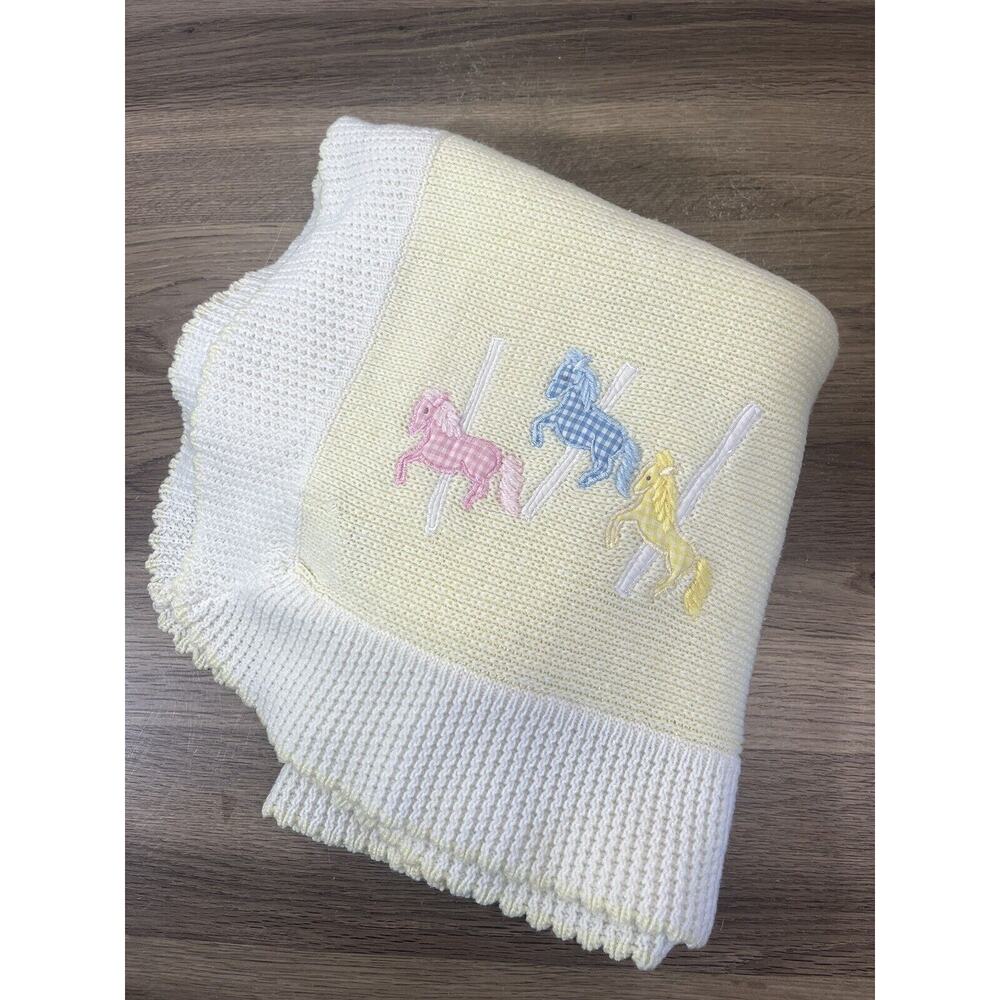 Vintage Baby Blanket Carousel Horse Merry Go Around Acrylic Baby Kisses Yellow